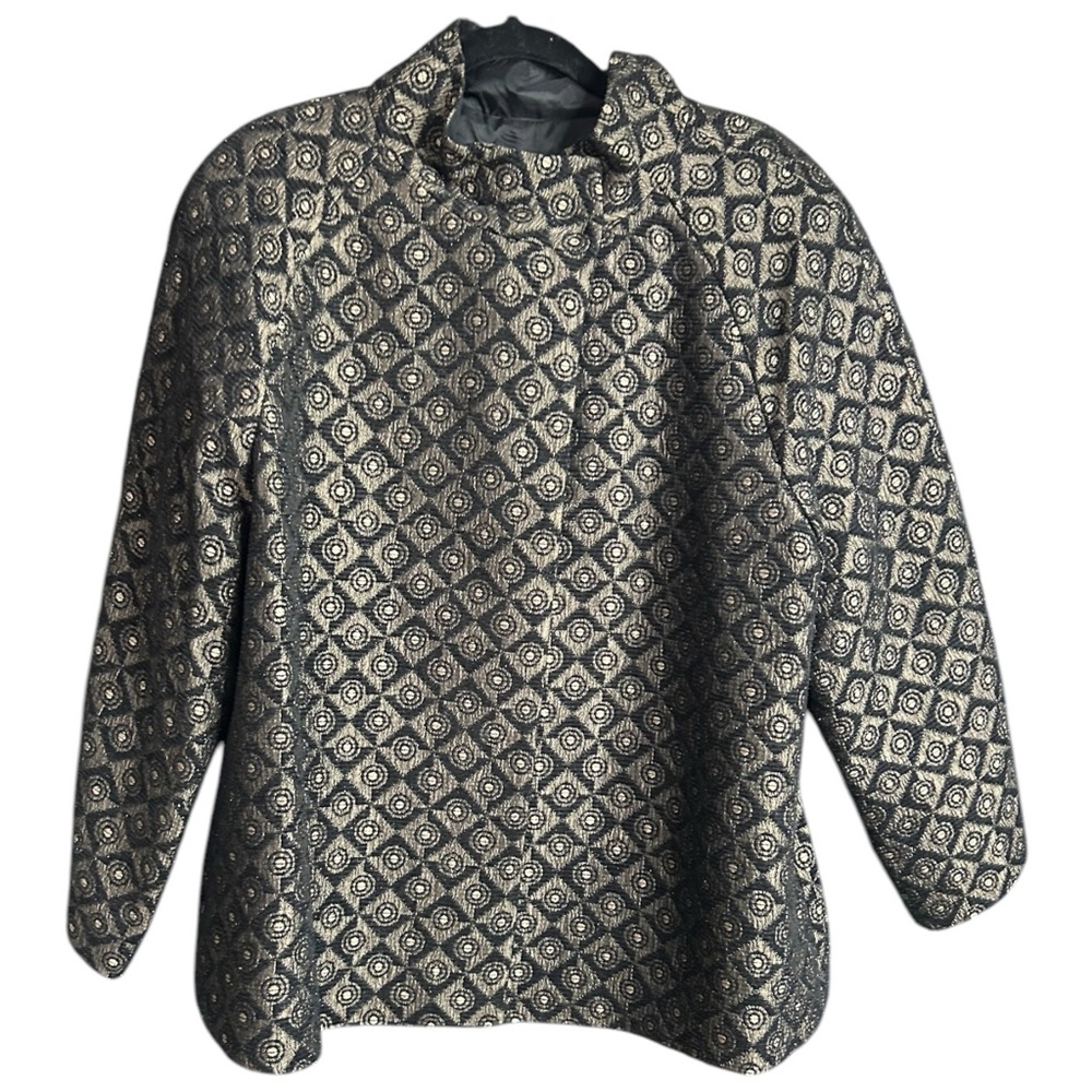 Madison Studio One Button Mock Neck Swing Coat Size 16 Black Taupe Textured